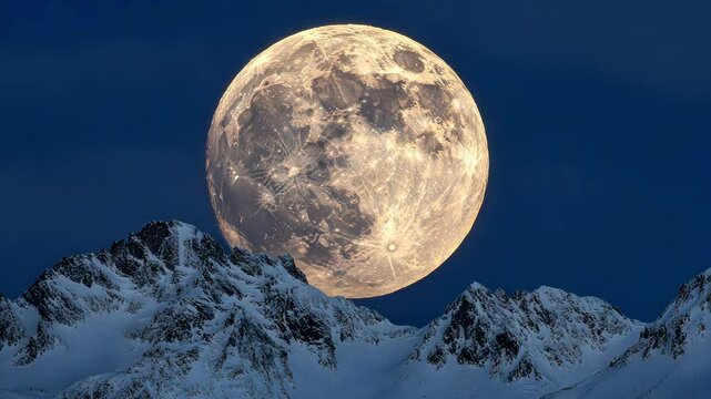 Super close-up of bright full moon rising above frosty snowy landscape. 