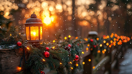 Warm Christmas lights and lantern on rustic fence, peaceful winter evening scene