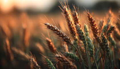 Close-up of green wheat spikes in field during golden hour. Ripe grain harvest, agriculture farming background