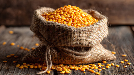 Yellow Lentils in Burlap Sack on Wooden Background