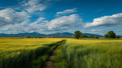 Obraz premium Yellow Path Through Green Wheat Fields Leading to Distant Mountains Under Blue Sky