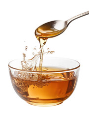 Ice vinegar with spoon – pale rice vinegar in a glass bowl on transparent background

