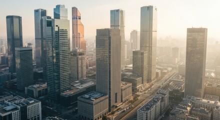 Modern Cityscape with Tall Skyscrapers and Urban Development in Sunlight