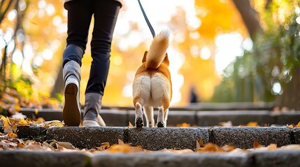 Shiba Inu Walking Up Autumn Stairs with Owner
