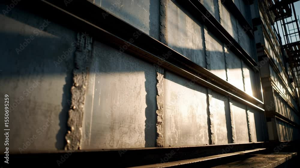 Aufkleber sunlight reflecting on the metal hull of a large ship under construction, creating an abstract patte