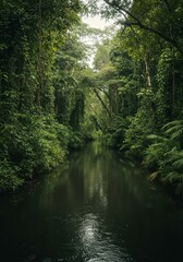 Dark Green Lush Tropical River In Jungle