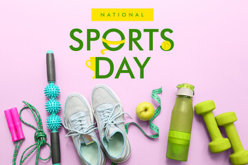 Sneakers, apple and sports equipment on pink background