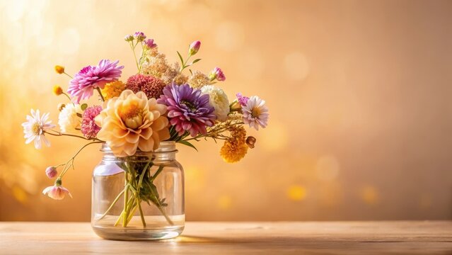 A Vibrant Bouquet of Autumn Flowers in a Glass Jar on a Wooden Surface, Bathed in Warm Golden Light