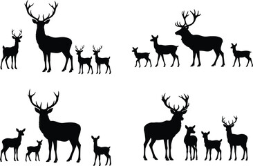 Collection of Deer Silhouettes: Stag, Doe, and Fawn in Black and White Vector Illustration