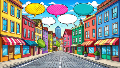 Colorful cartoon city street with shops and comic-style speech bubbles