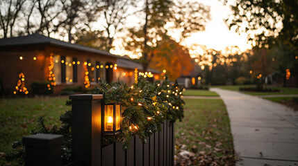 Obraz premium Festive holiday fence with pine garland and glowing lights at golden hour 