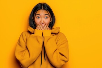 Surprised young Asian woman expressing amazement in a vibrant yellow setting