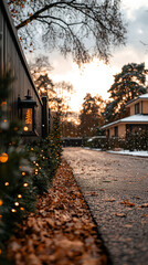 Fototapeta premium Warm Christmas lights and lantern on rustic fence, peaceful winter evening scene
