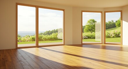 Naklejka premium Serene Interior: A sunlit room with expansive windows framing a picturesque view of a verdant landscape. The room, awash in natural light, features a warm wooden floor.