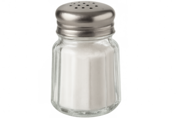 Classic glass salt shaker filled with fine white table salt, isolated on transparent background, ready for seasoning