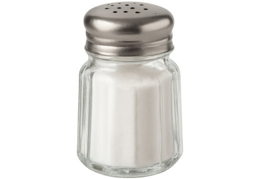 Classic glass salt shaker filled with fine white table salt, isolated on transparent background, ready for seasoning