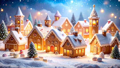 Snowy gingerbread town twinkling with lights