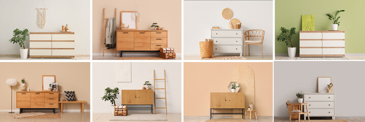 Collage of stylish commodes in interiors of room