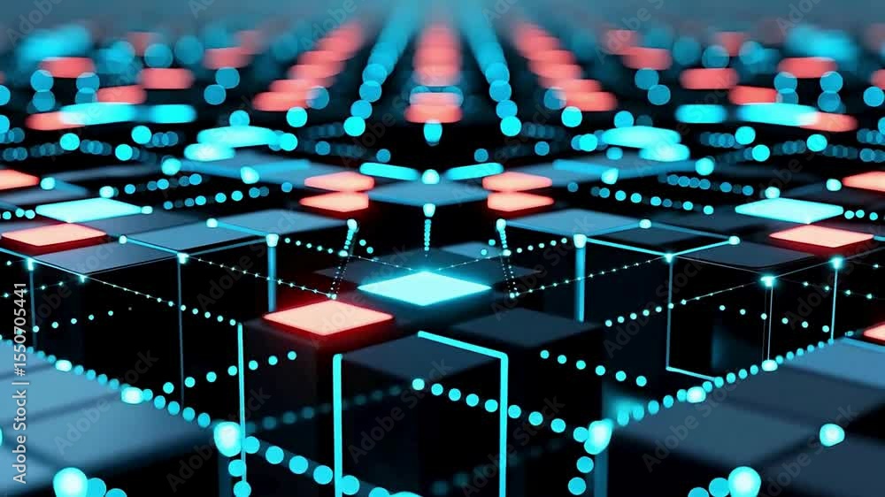 Poster abstract network data flow visualization cubes glowing in blue and orange hues