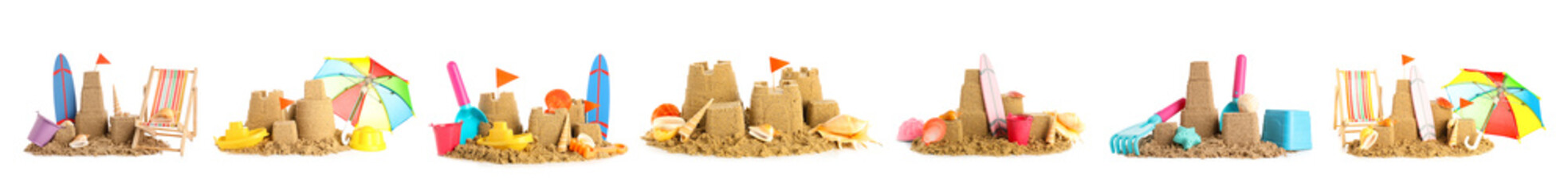 Set of sandcastles and toys on white background