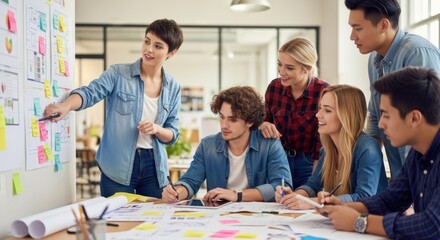 Diverse young professionals collaborate on a project plan using sticky notes and charts in a bright modern office setting