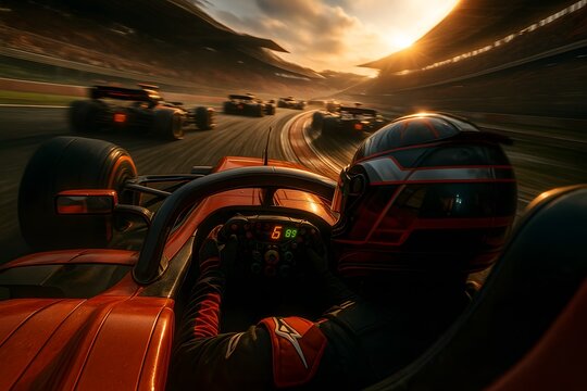 Formula one racing game simulation with driver view and sunset race track for speed and competition on transparent background