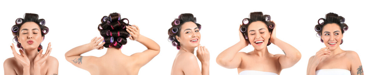 Set of happy young woman in hair curlers on white background