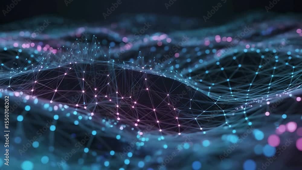 Aufkleber abstract network data flow visualization blue pink glowing nodes lines digital technology background