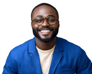 Confident young man with glasses smiling warmly, wearing blue blazer over shirt, displaying approachability and charm in modern portrait style
