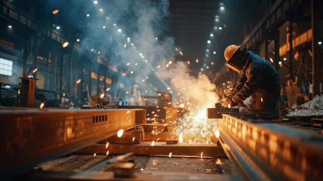 Sparks flying as an industrial welder joins heavy metal beams in a bustling shipyard, crafting robust structures essential for marine vessels and advancing shipbuilding efforts