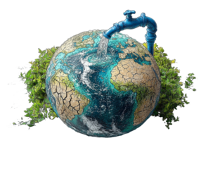 Creative Concept of Planet Earth with Faucet Watering the Land and Symbolizing Environmental Care and Sustainability with Greenery Around