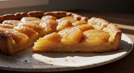 Golden Peach Tart on a Plate in Sunlight