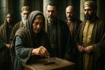 Poor widow donating her last coins at the temple treasury box