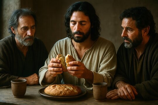 Jesus breaking bread with disciples in Emmaus