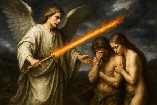 Archangel banishing Adam and Eve from Eden with flaming sword
