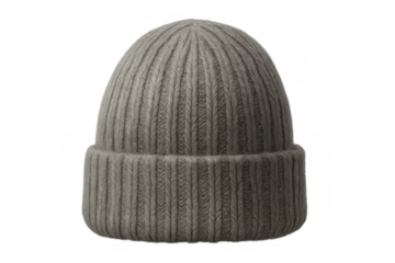 Knitted gray beanie with ribbed texture, offering cozy warmth against winter chill, positioned on clear background
