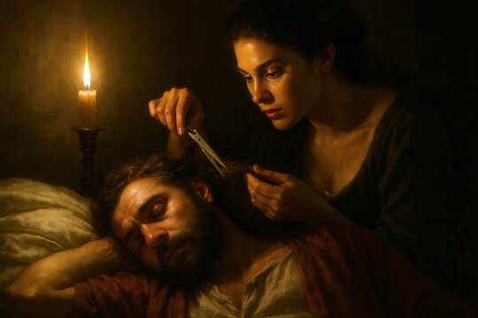 Naklejki Delilah cutting Samson's hair in candlelight