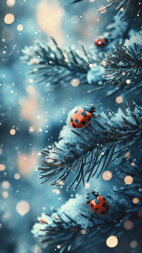 A magical winter scene shows a bright red ladybug resting on a frost-covered pine branch. Gentle snowflakes fall around it, creating a dreamy, enchanted bokeh background