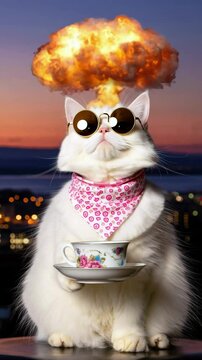 Cat in sunglasses, bandana holding teacup for meme background with explosion backdrop