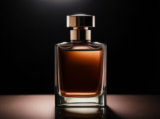 A rich brown perfume bottle standing upright against a solid black background. Soft top lighting highlights the warm tones and smooth surface of the bottle, creating an elegant and grounded aesthetic.