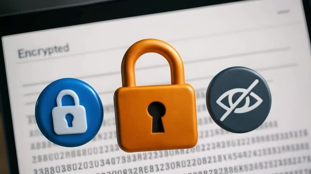 A golden lock stands between blue secure badge and grey conceal sign against ciphertext. Concept of information protection.