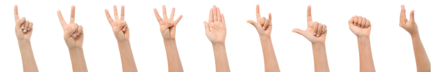 Collage of gesturing children's hands on white background