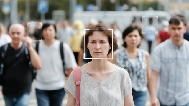 Bounding boxes highlight individual faces in a busy street crowd during daytime. Concept of ai powered surveillance analytics.