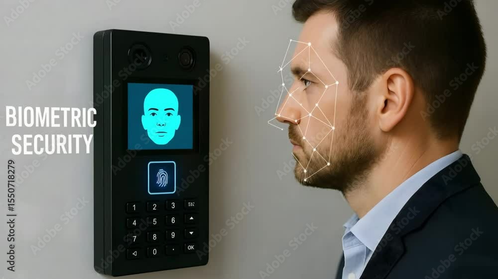 Poster a wall mounted keypad and camera unit compares facial features with realtime mesh overlay. concept o