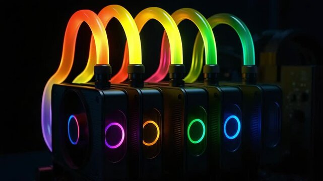 Six liquid cooling units glow with rainbow tubes and circular rgb fans in a dark pc chassis. Concept of high performance computer thermal management.