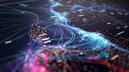Complex network of interconnected lines and nodes representing marine routes and destinations, visualized on a futuristic navigation system with advanced technology and data analysis capabilities - Powered by Adobe