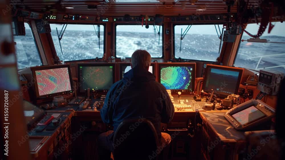 Poster ship captain sitting in front of multiple computer screens displaying radar and sonar data, navigati