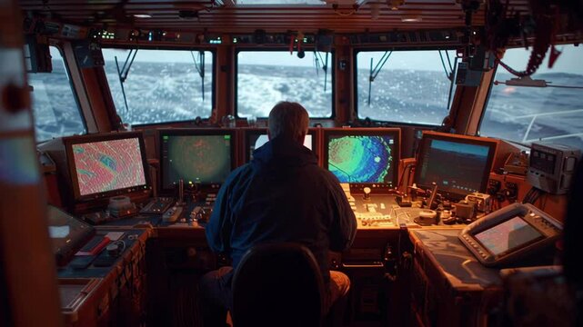 Ship captain sitting in front of multiple computer screens displaying radar and sonar data, navigating vessel through rough sea conditions, ensuring safe passage during challenging weather