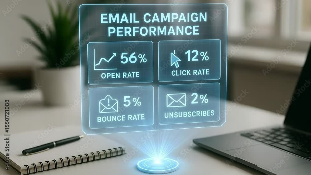 Poster a desktop hologram displays email campaign performance metrics above a notebook and laptop in soft d