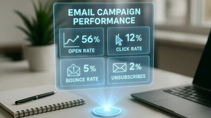 A desktop hologram displays email campaign performance metrics above a notebook and laptop in soft daylight. Concept of data driven digital marketing. - Powered by Adobe